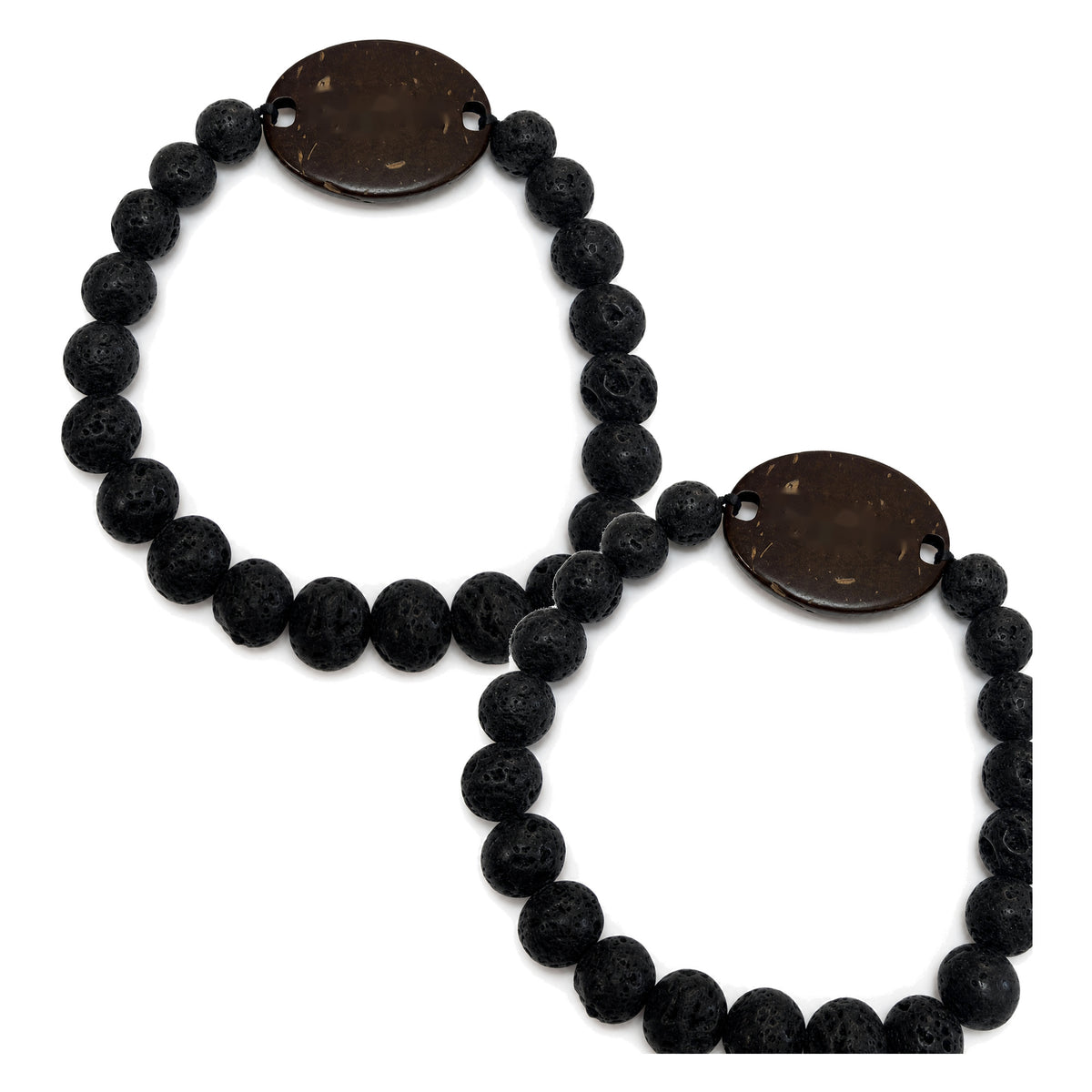 Two matching black lava rock bead friendship bracelets with coconut shell NFC tags