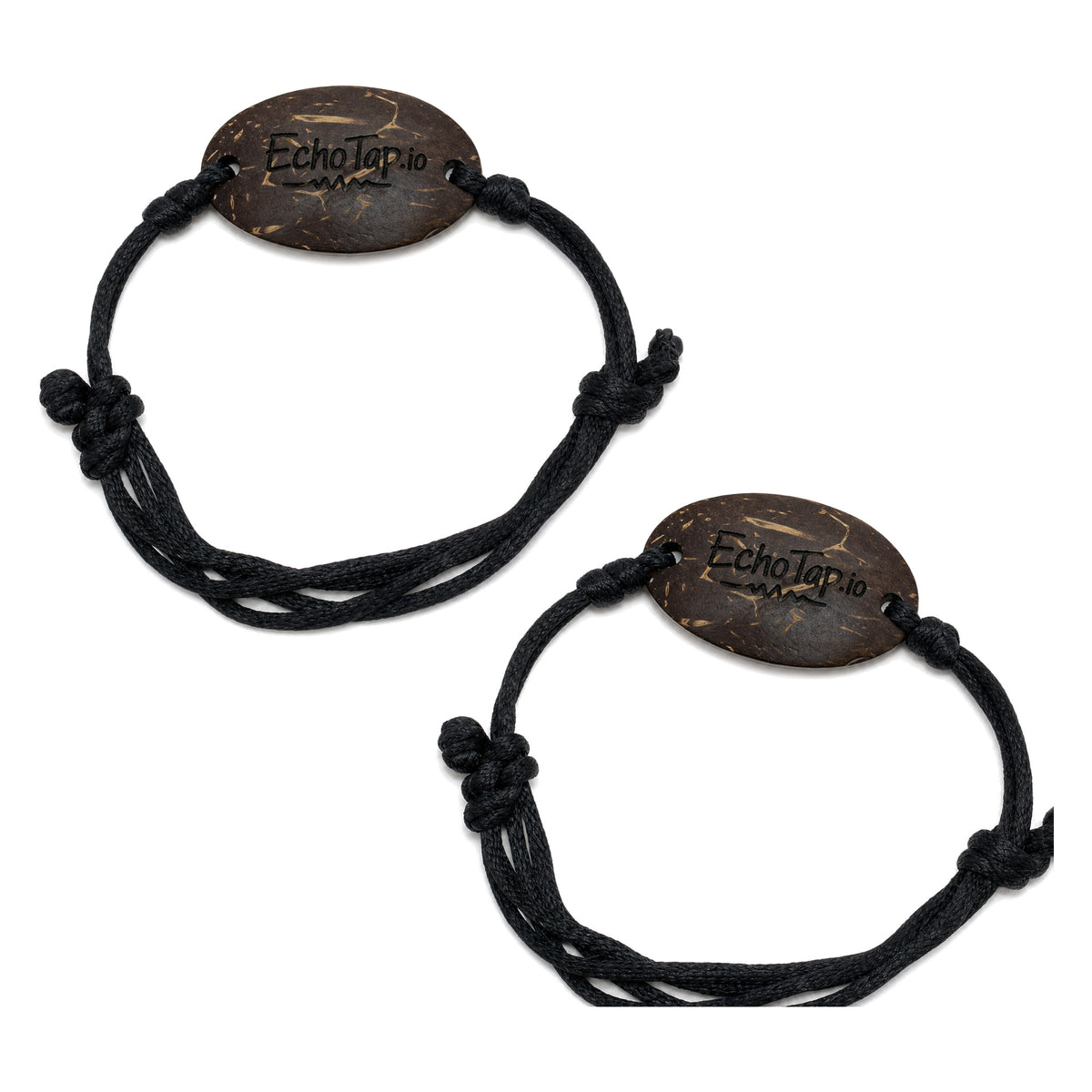 Two matching black rope friendship bracelets with lasered coconut shell NFC tags