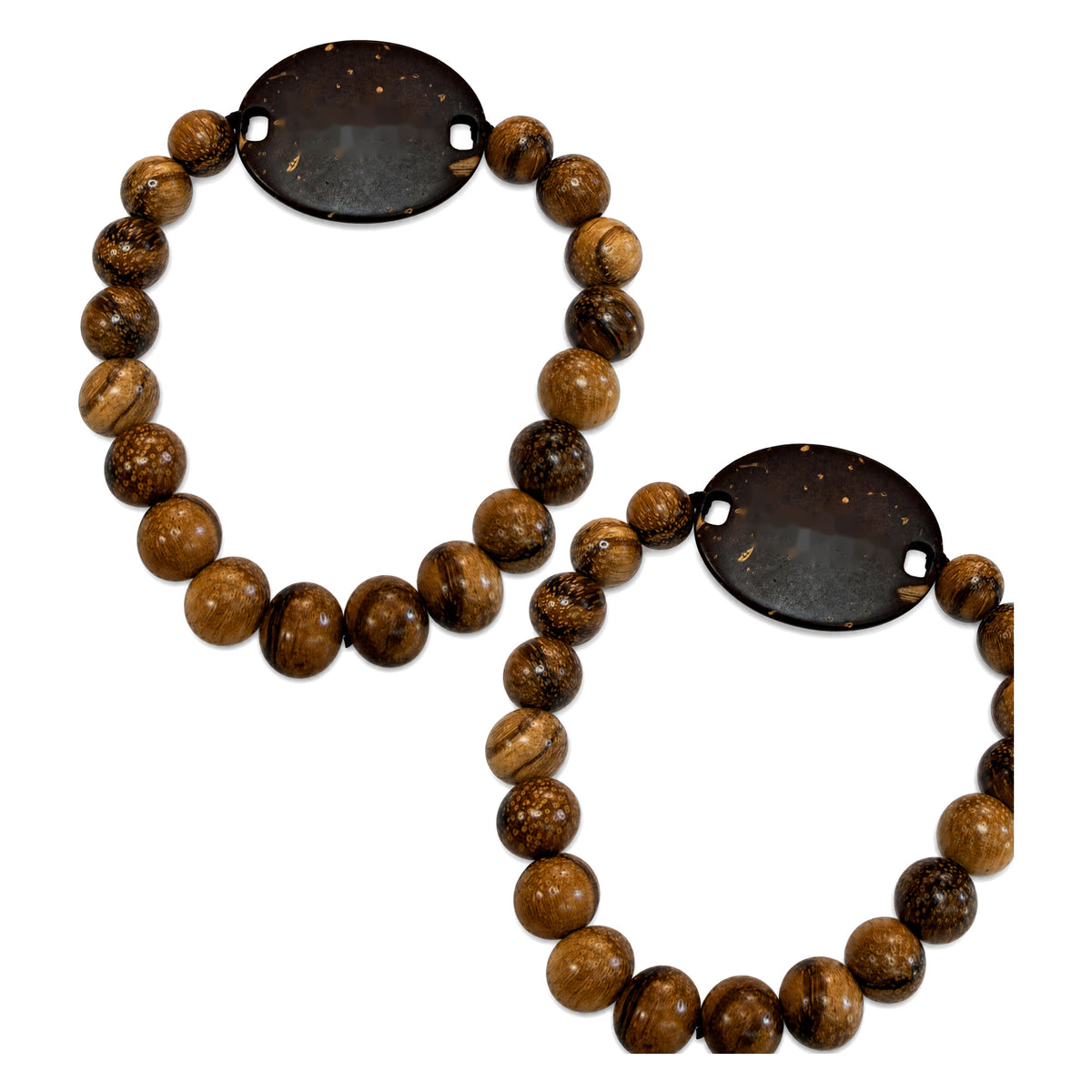 Two matching tiger eye wood bead friendship bracelets with coconut shell NFC tags